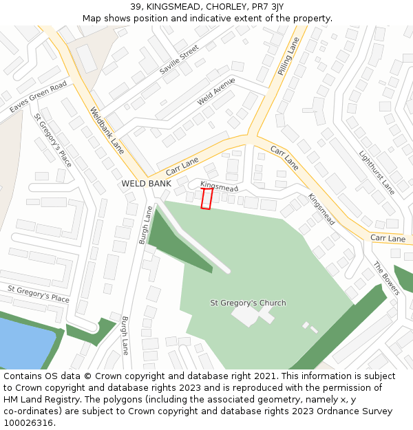 39, KINGSMEAD, CHORLEY, PR7 3JY: Location map and indicative extent of plot