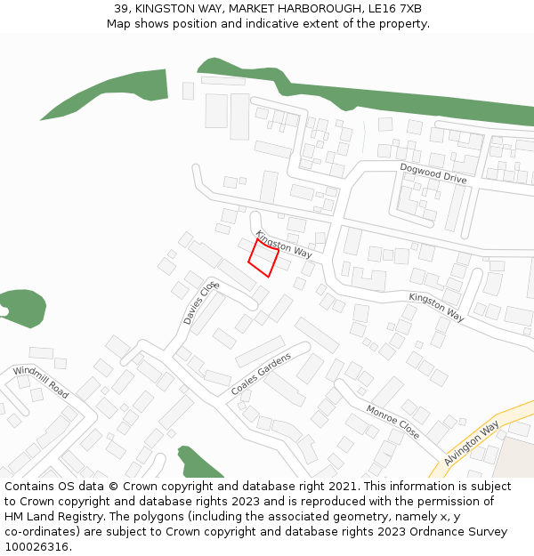 39, KINGSTON WAY, MARKET HARBOROUGH, LE16 7XB: Location map and indicative extent of plot