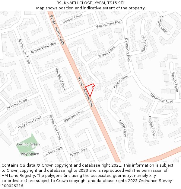 39, KNAITH CLOSE, YARM, TS15 9TL: Location map and indicative extent of plot