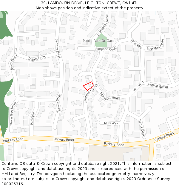 39, LAMBOURN DRIVE, LEIGHTON, CREWE, CW1 4TL: Location map and indicative extent of plot