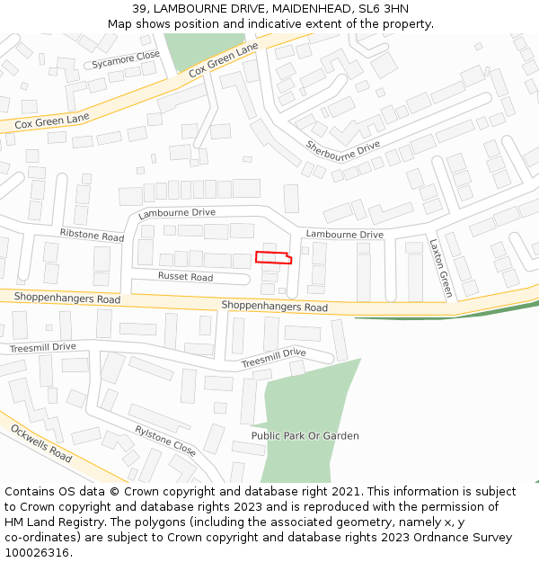 39, LAMBOURNE DRIVE, MAIDENHEAD, SL6 3HN: Location map and indicative extent of plot