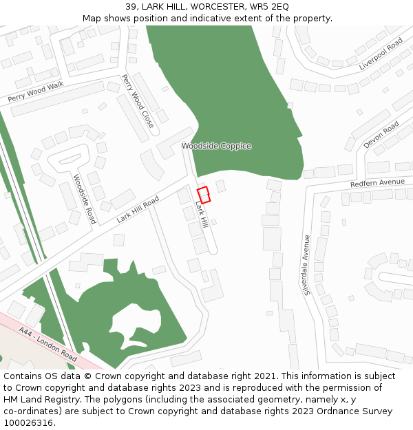 39, LARK HILL, WORCESTER, WR5 2EQ: Location map and indicative extent of plot