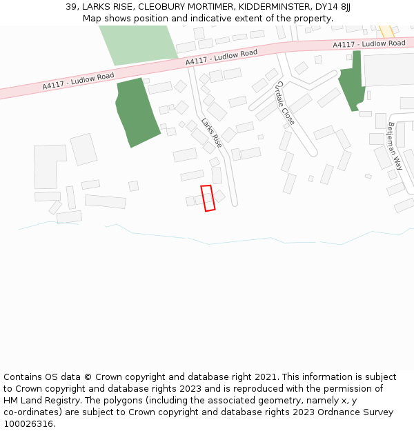 39, LARKS RISE, CLEOBURY MORTIMER, KIDDERMINSTER, DY14 8JJ: Location map and indicative extent of plot