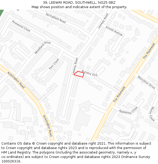 39, LEEWAY ROAD, SOUTHWELL, NG25 0BZ: Location map and indicative extent of plot