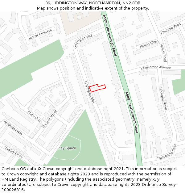 39, LIDDINGTON WAY, NORTHAMPTON, NN2 8DR: Location map and indicative extent of plot