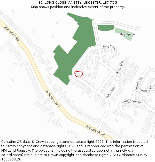 39, LONG CLOSE, ANSTEY, LEICESTER, LE7 7QG: Location map and indicative extent of plot