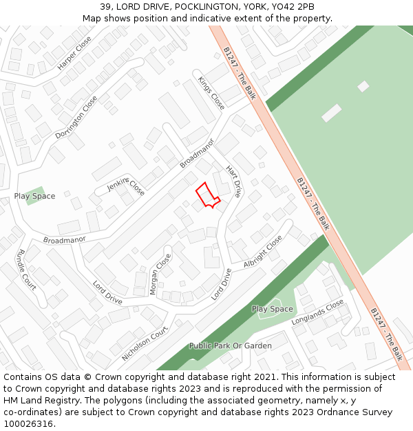 39, LORD DRIVE, POCKLINGTON, YORK, YO42 2PB: Location map and indicative extent of plot