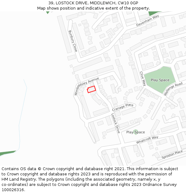 39, LOSTOCK DRIVE, MIDDLEWICH, CW10 0GP: Location map and indicative extent of plot