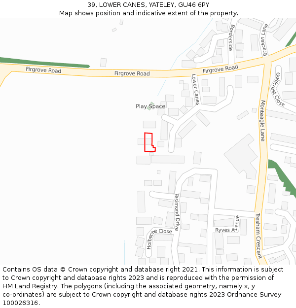 39, LOWER CANES, YATELEY, GU46 6PY: Location map and indicative extent of plot