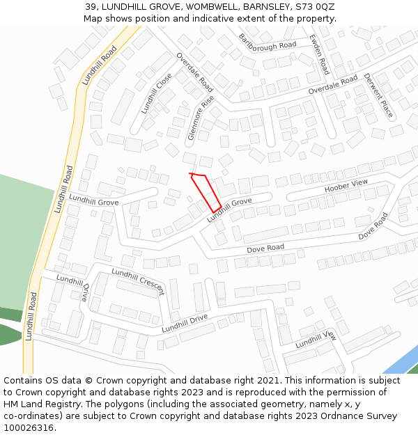 39, LUNDHILL GROVE, WOMBWELL, BARNSLEY, S73 0QZ: Location map and indicative extent of plot