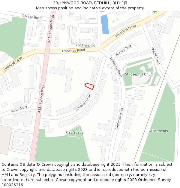 39, LYNWOOD ROAD, REDHILL, RH1 1JR: Location map and indicative extent of plot