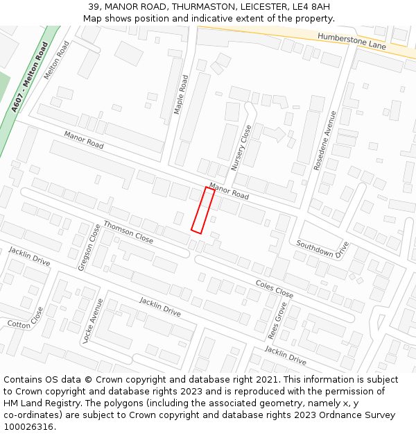 39, MANOR ROAD, THURMASTON, LEICESTER, LE4 8AH: Location map and indicative extent of plot