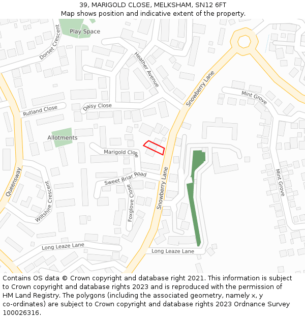 39, MARIGOLD CLOSE, MELKSHAM, SN12 6FT: Location map and indicative extent of plot