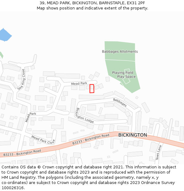 39, MEAD PARK, BICKINGTON, BARNSTAPLE, EX31 2PF: Location map and indicative extent of plot