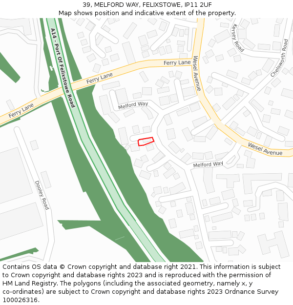 39, MELFORD WAY, FELIXSTOWE, IP11 2UF: Location map and indicative extent of plot