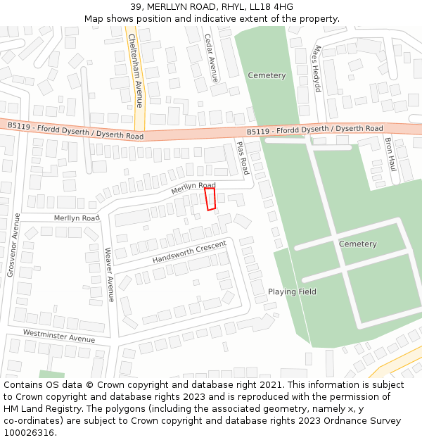 39, MERLLYN ROAD, RHYL, LL18 4HG: Location map and indicative extent of plot