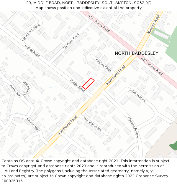 39, MIDDLE ROAD, NORTH BADDESLEY, SOUTHAMPTON, SO52 9JD: Location map and indicative extent of plot