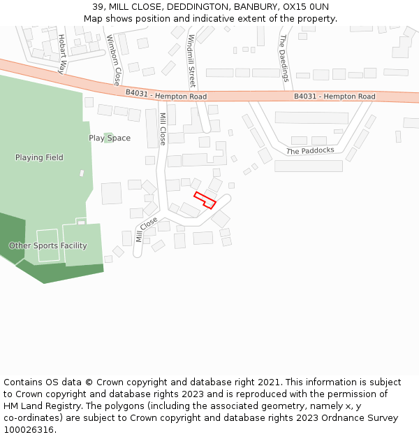 39, MILL CLOSE, DEDDINGTON, BANBURY, OX15 0UN: Location map and indicative extent of plot