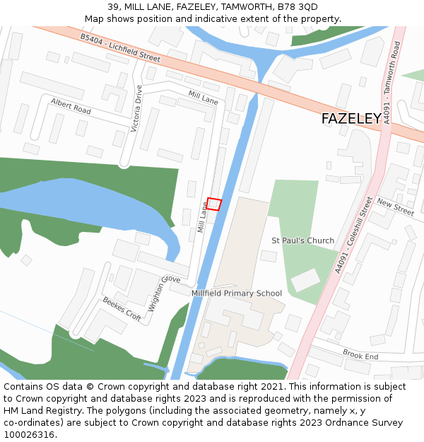 39, MILL LANE, FAZELEY, TAMWORTH, B78 3QD: Location map and indicative extent of plot