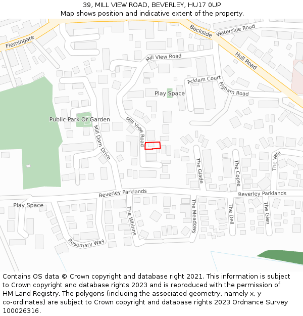 39, MILL VIEW ROAD, BEVERLEY, HU17 0UP: Location map and indicative extent of plot