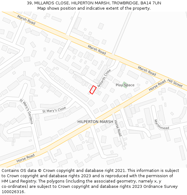 39, MILLARDS CLOSE, HILPERTON MARSH, TROWBRIDGE, BA14 7UN: Location map and indicative extent of plot