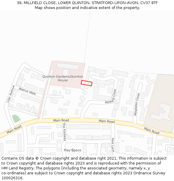 39, MILLFIELD CLOSE, LOWER QUINTON, STRATFORD-UPON-AVON, CV37 8TF: Location map and indicative extent of plot