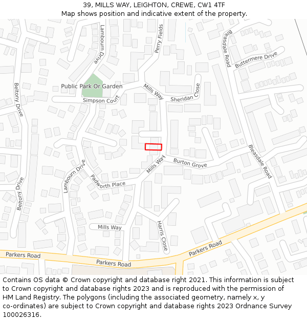 39, MILLS WAY, LEIGHTON, CREWE, CW1 4TF: Location map and indicative extent of plot