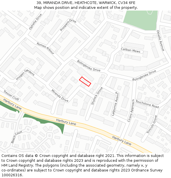 39, MIRANDA DRIVE, HEATHCOTE, WARWICK, CV34 6FE: Location map and indicative extent of plot