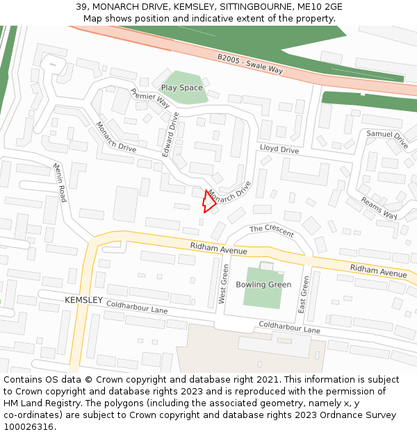 39, MONARCH DRIVE, KEMSLEY, SITTINGBOURNE, ME10 2GE: Location map and indicative extent of plot