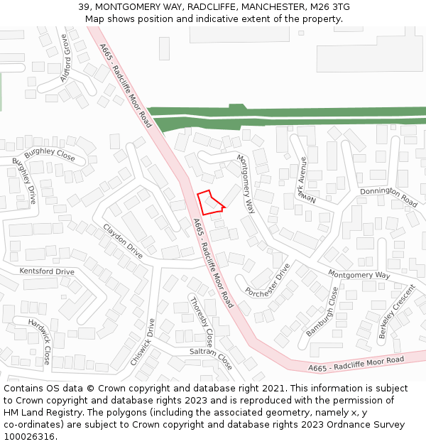 39, MONTGOMERY WAY, RADCLIFFE, MANCHESTER, M26 3TG: Location map and indicative extent of plot