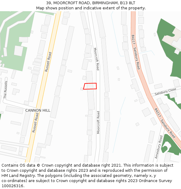 39, MOORCROFT ROAD, BIRMINGHAM, B13 8LT: Location map and indicative extent of plot