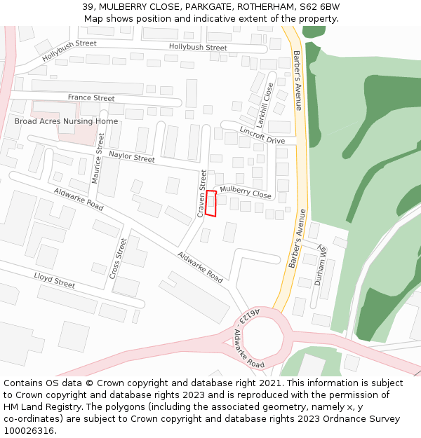 39, MULBERRY CLOSE, PARKGATE, ROTHERHAM, S62 6BW: Location map and indicative extent of plot