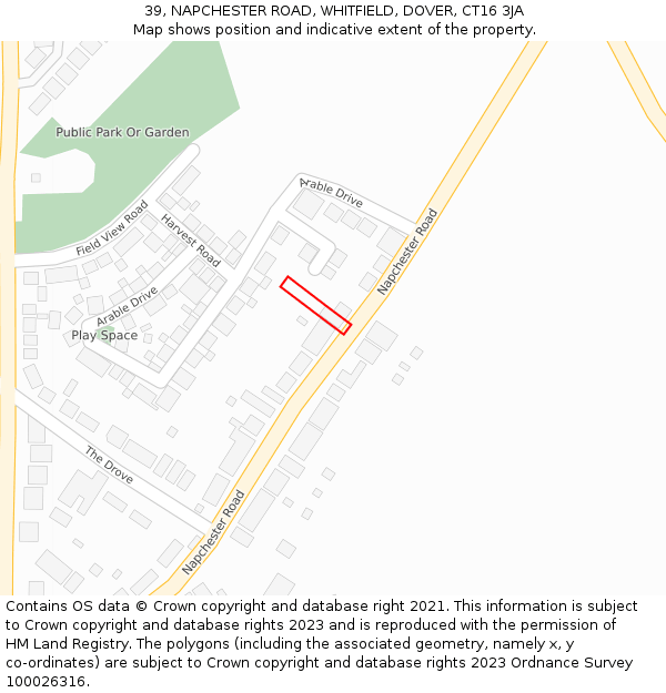 39, NAPCHESTER ROAD, WHITFIELD, DOVER, CT16 3JA: Location map and indicative extent of plot