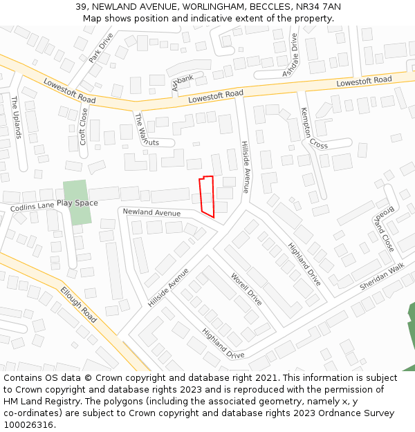 39, NEWLAND AVENUE, WORLINGHAM, BECCLES, NR34 7AN: Location map and indicative extent of plot