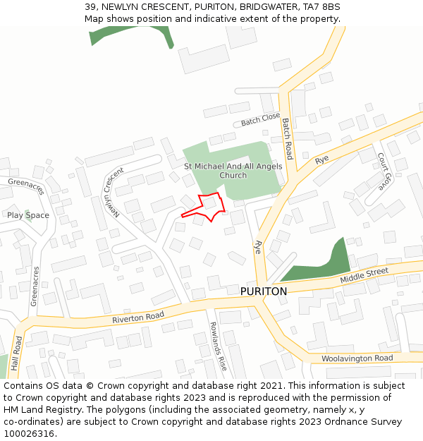 39, NEWLYN CRESCENT, PURITON, BRIDGWATER, TA7 8BS: Location map and indicative extent of plot