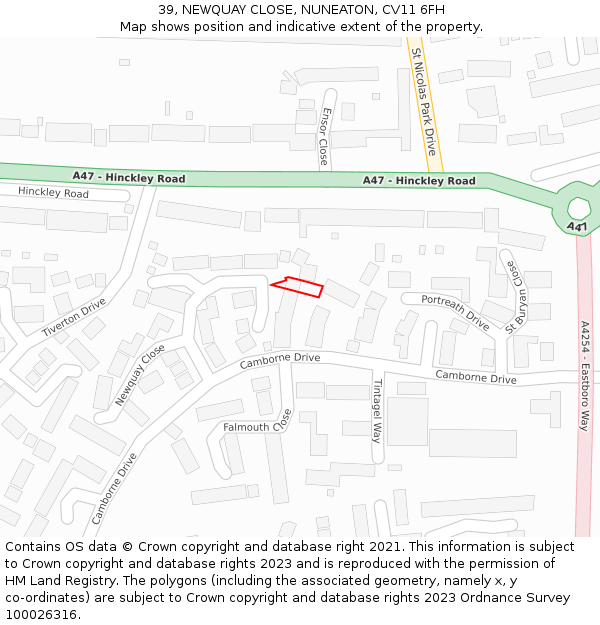 39, NEWQUAY CLOSE, NUNEATON, CV11 6FH: Location map and indicative extent of plot