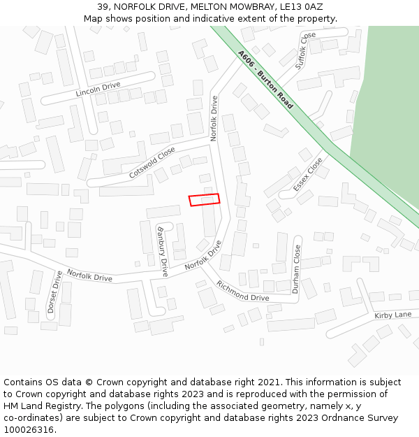 39, NORFOLK DRIVE, MELTON MOWBRAY, LE13 0AZ: Location map and indicative extent of plot