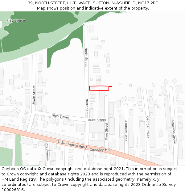 39, NORTH STREET, HUTHWAITE, SUTTON-IN-ASHFIELD, NG17 2PE: Location map and indicative extent of plot