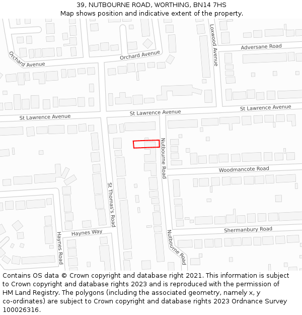 39, NUTBOURNE ROAD, WORTHING, BN14 7HS: Location map and indicative extent of plot