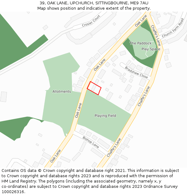 39, OAK LANE, UPCHURCH, SITTINGBOURNE, ME9 7AU: Location map and indicative extent of plot