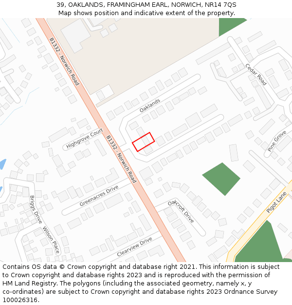 39, OAKLANDS, FRAMINGHAM EARL, NORWICH, NR14 7QS: Location map and indicative extent of plot