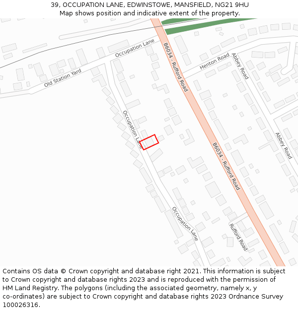 39, OCCUPATION LANE, EDWINSTOWE, MANSFIELD, NG21 9HU: Location map and indicative extent of plot