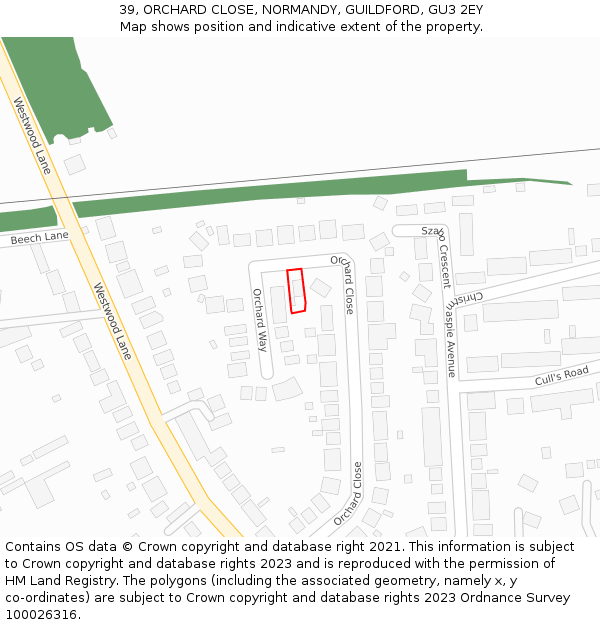 39, ORCHARD CLOSE, NORMANDY, GUILDFORD, GU3 2EY: Location map and indicative extent of plot