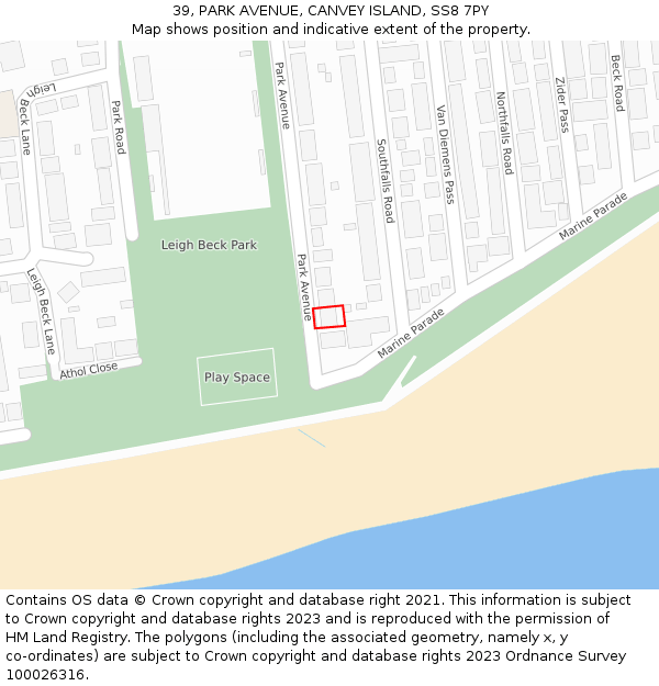 39, PARK AVENUE, CANVEY ISLAND, SS8 7PY: Location map and indicative extent of plot