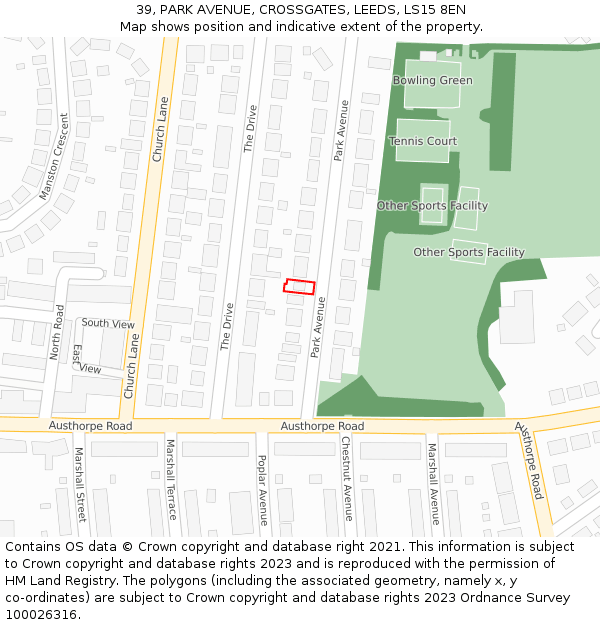 39, PARK AVENUE, CROSSGATES, LEEDS, LS15 8EN: Location map and indicative extent of plot