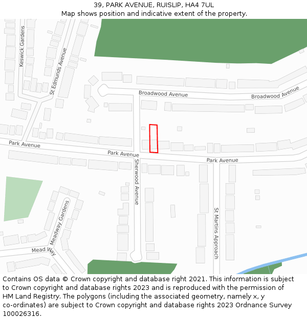 39, PARK AVENUE, RUISLIP, HA4 7UL: Location map and indicative extent of plot