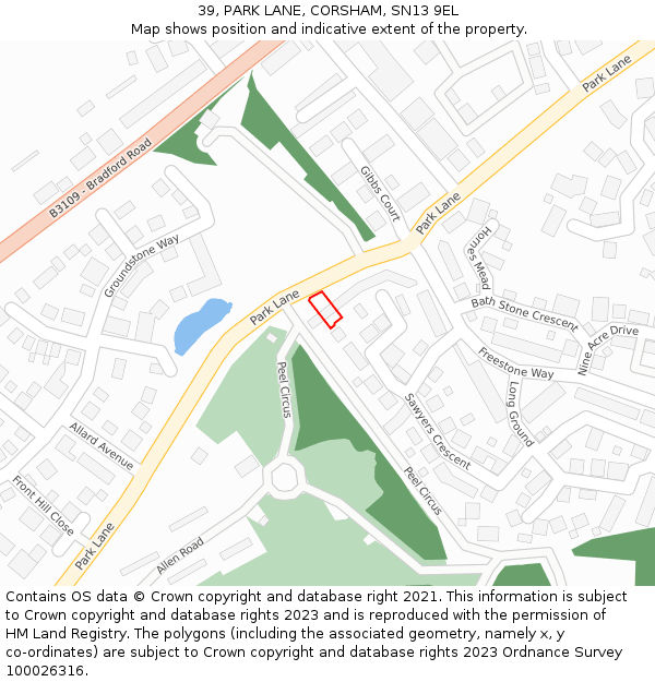 39, PARK LANE, CORSHAM, SN13 9EL: Location map and indicative extent of plot