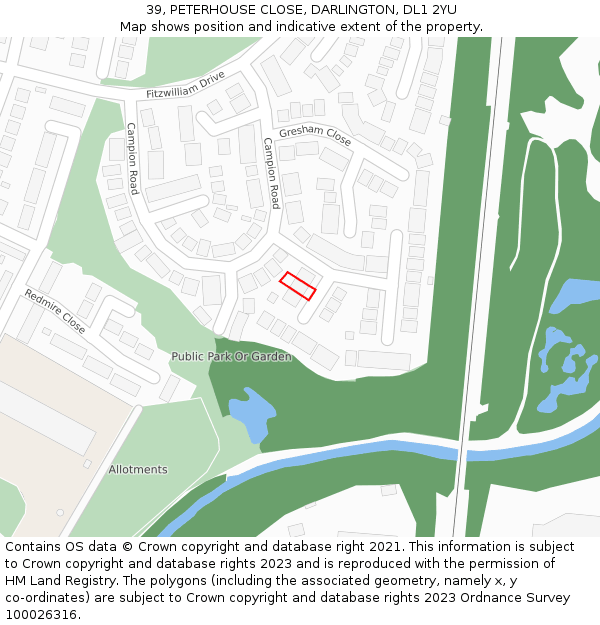 39, PETERHOUSE CLOSE, DARLINGTON, DL1 2YU: Location map and indicative extent of plot