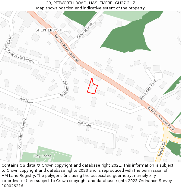 39, PETWORTH ROAD, HASLEMERE, GU27 2HZ: Location map and indicative extent of plot