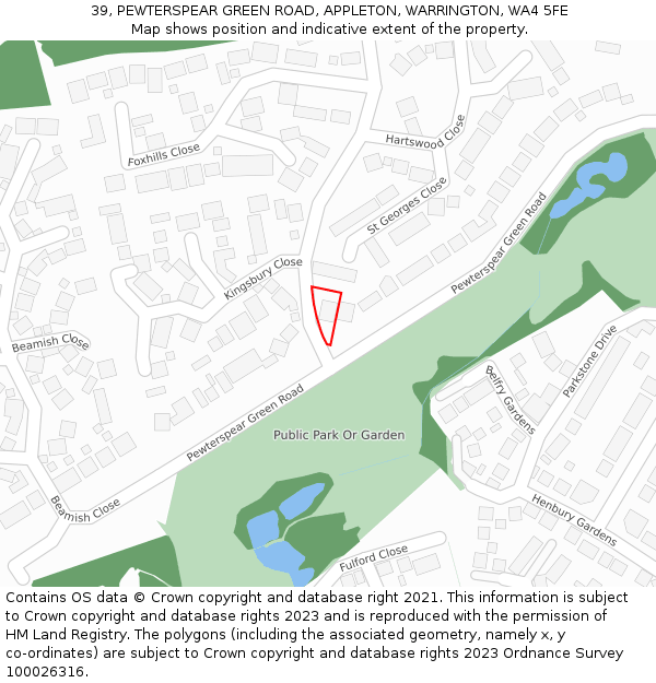 39, PEWTERSPEAR GREEN ROAD, APPLETON, WARRINGTON, WA4 5FE: Location map and indicative extent of plot